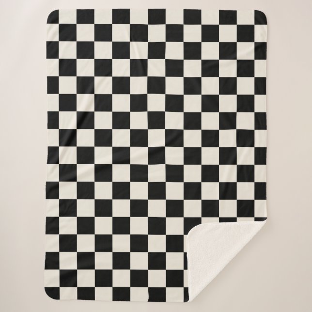 Black and Cream Retro Check Sherpa Blanket (Front)