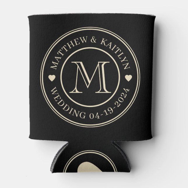  Black and Cream Wedding Monogram Heart Can Cooler (Front)