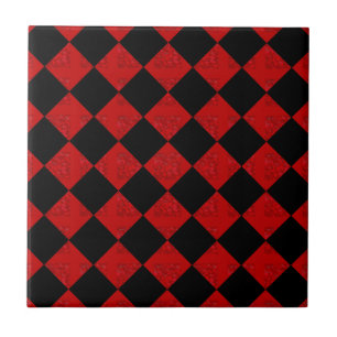 Black and crimson red diamond chequered pattern ceramic tile