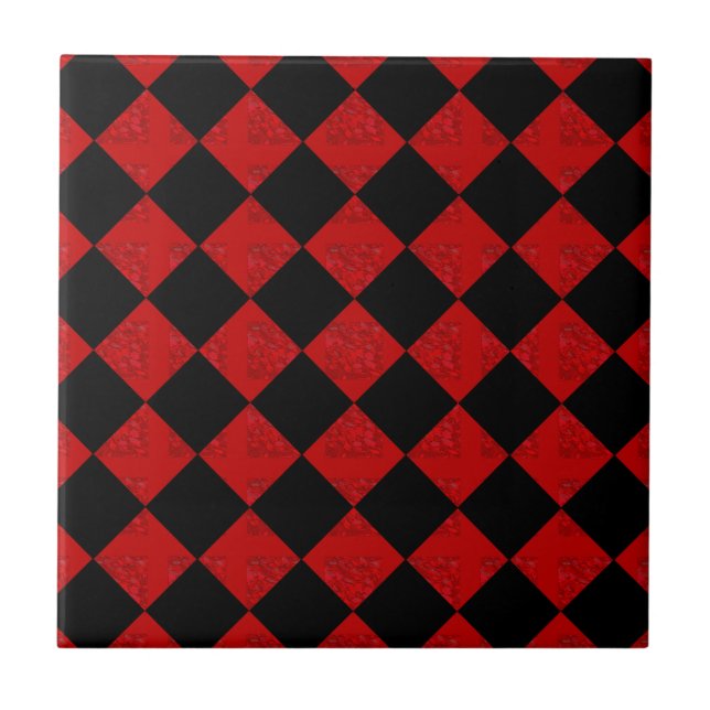 Black and crimson red diamond chequered pattern ceramic tile (Front)