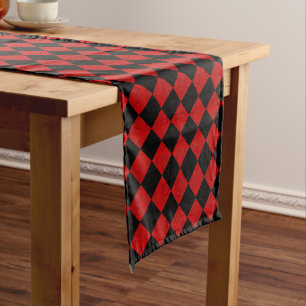 Black and crimson red diamond chequered pattern short table runner
