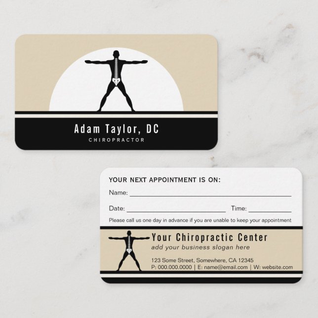 Black and Custom Beige Vitruvian Man Chiropractor Business Card (Front/Back)