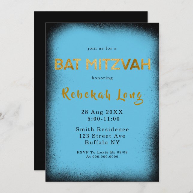 Black and Cyan Blue Smoke Bat Mitzvah Invitations (Front/Back)