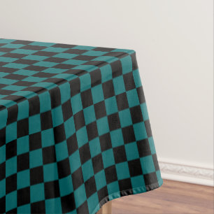 Black and Dark Aqua Blue Chequered Tablecloth