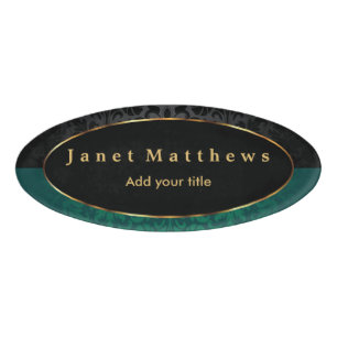 Black and Dark Green Damask with Gold Trim Design Name Tag