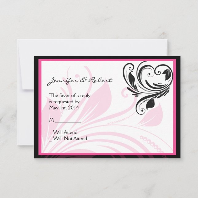 Black and Dark Pink Floral Scroll Response Card (Front)