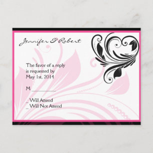 Black and Dark Pink Floral Scroll RSVP Postcard