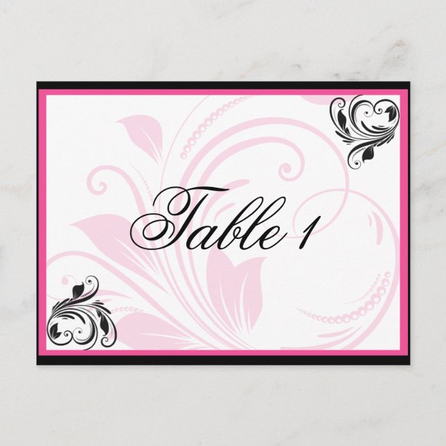 Black and Dark Pink Floral Scroll Table Number Postcard (Front)