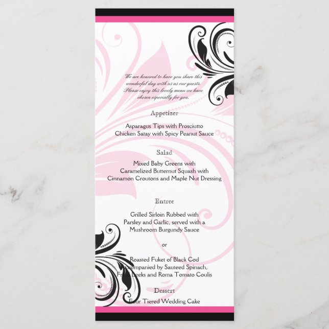 Black and Dark Pink Floral Scroll Wedding Menu (Front)