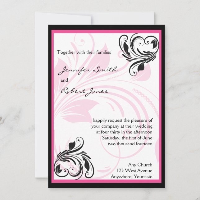 Black and Dark Pink Floral Wedding Invitation (Front)