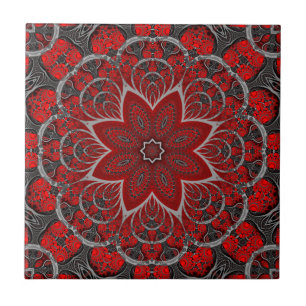Black and Dark Red Floral Decorative Print Ceramic Tile