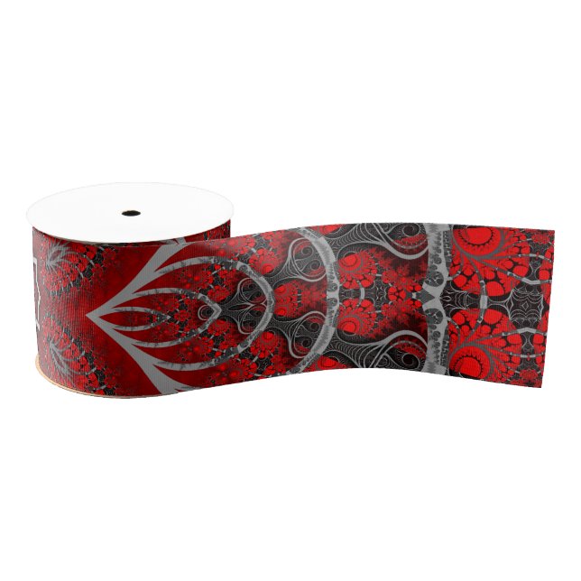 Black and Dark Red Floral Decorative Print Grosgrain Ribbon (Spool)