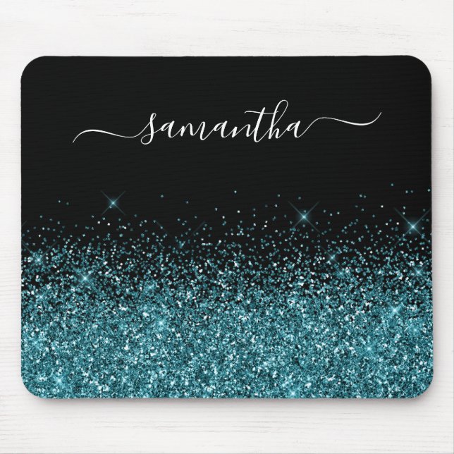 Black and Dark Teal Glitter Elegant Name Mouse Pad (Front)