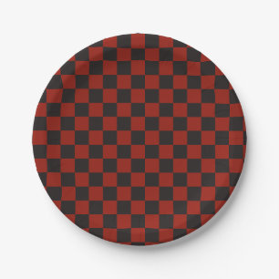 Black and Deep red checkerboard pattern Paper Plate