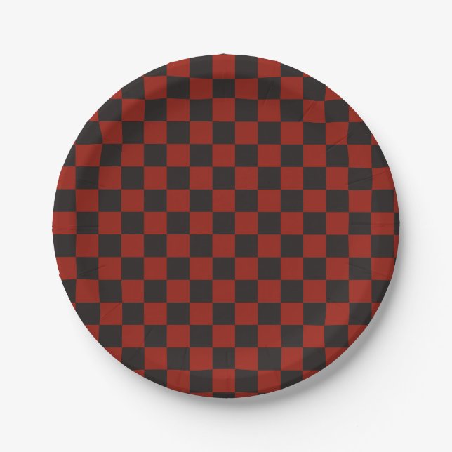 Black and Deep red checkerboard pattern Paper Plate (Front)