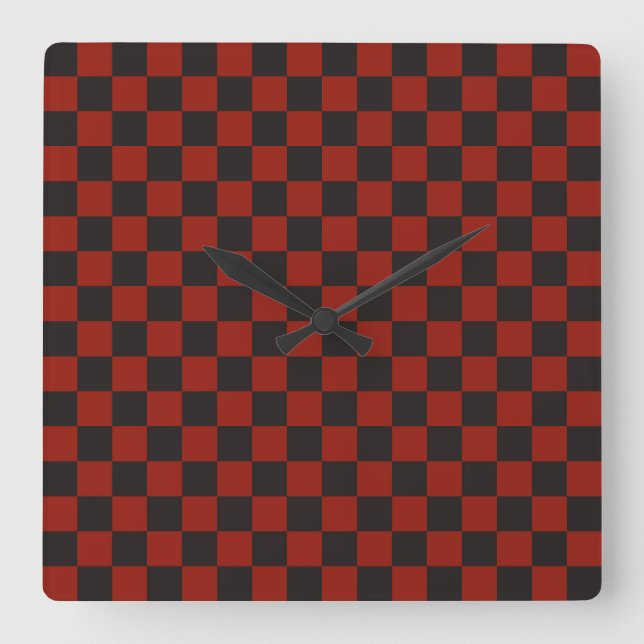 Black and Deep red checkerboard pattern Square Wall Clock (Front)