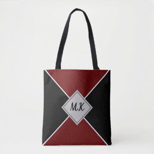 Black and Deep Red Colorblock Monogrammed Tote Bag