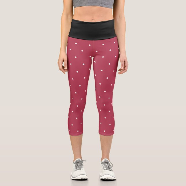 Black and Deep Rose White Geometric Polka Dots  Capri Leggings (Front)