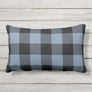 Black and Denim Blue Gingham Buffalo Check Pattern Lumbar Cushion