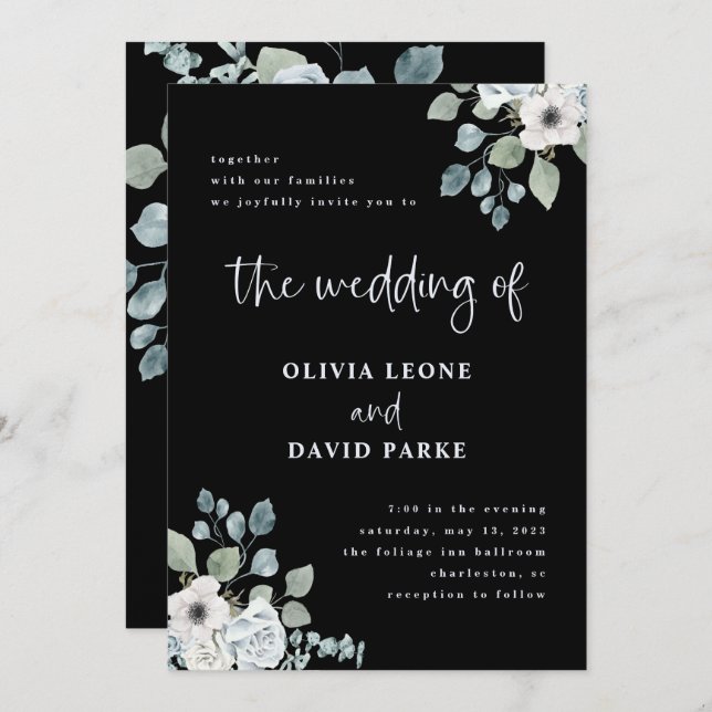 Black and Dusty Blue Floral | Watercolor Wedding Invitation (Front/Back)