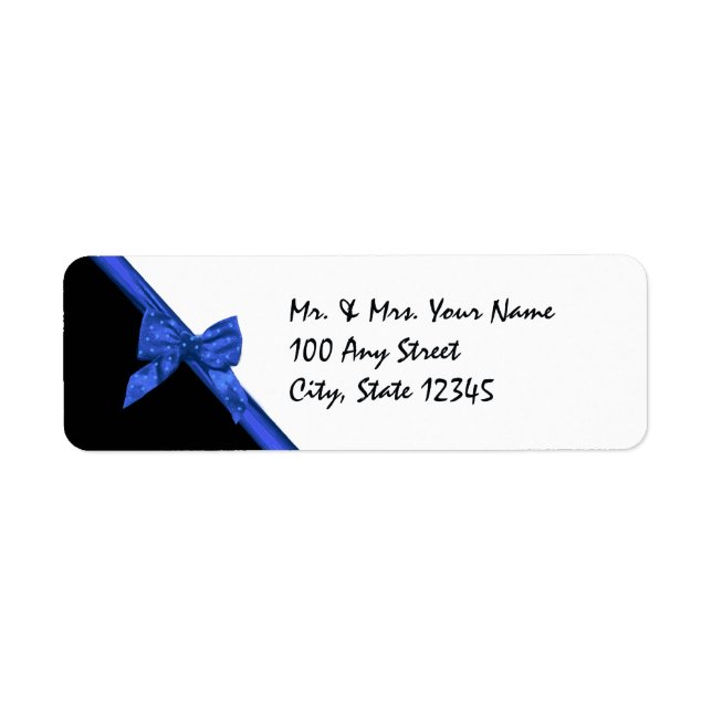 Black and Electric Blue Satin Ribbon Return Address Label (Front)