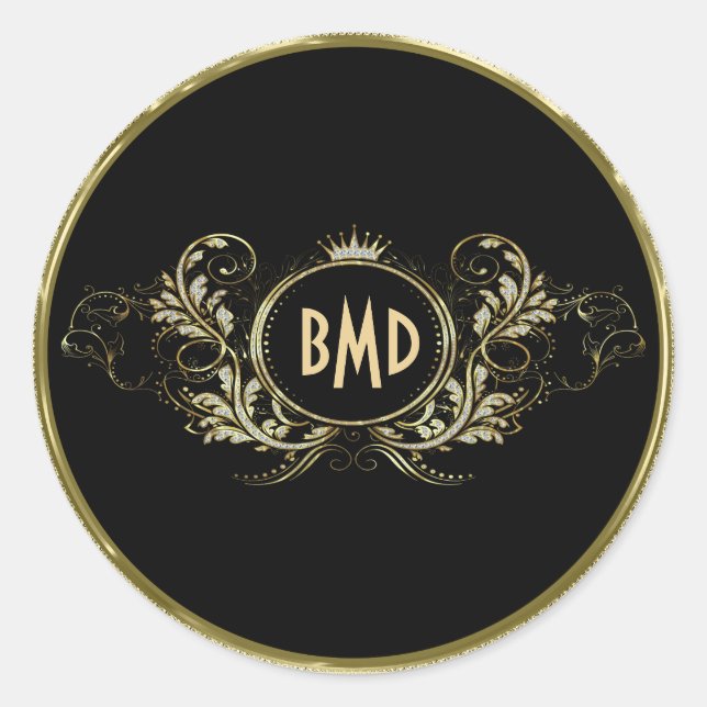 Black And Faux Glitter Girly Floral Frame Classic Round Sticker (Front)