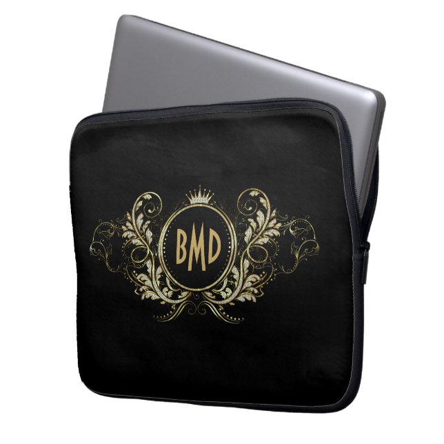 Black And Faux Glitter Girly Floral Frame Laptop Sleeve (Front Left)