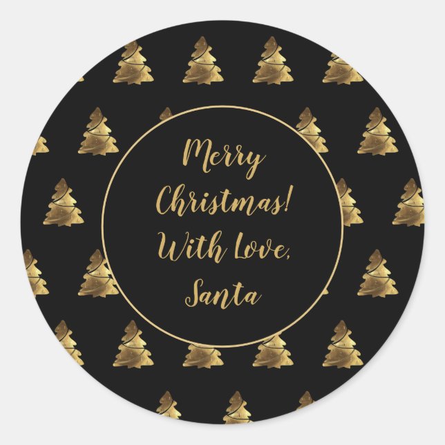 Black and Faux Gold Christmas Tree Pattern Classic Round Sticker (Front)