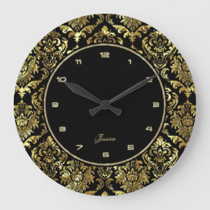 Black And Faux Gold Floral Damasks Large Clock