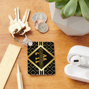 BLACK and FAUX Gold Geometric MONOGRAM Pattern Key Ring