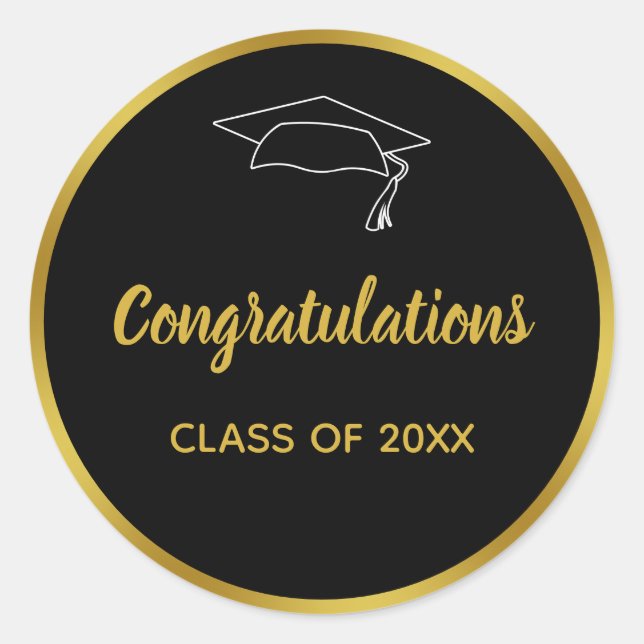 Black and Faux Gold Graduation Congratulations Classic Round Sticker (Front)
