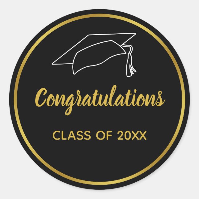 Black and Faux Gold Graduation Congratulations Classic Round Sticker (Front)