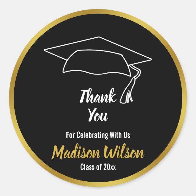 Black and Faux Gold Graduation Party Thank You Classic Round Sticker (Front)