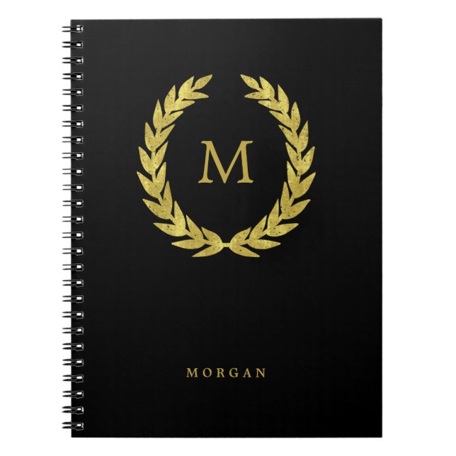 Black and Faux Gold Laurel Wreath with Initial Notebook (Front)