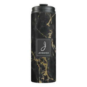 Black and Faux Gold Marble Elegant Monogram Thermal Tumbler
