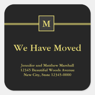 Black and Faux Gold Monogram Moving Announcement Square Sticker