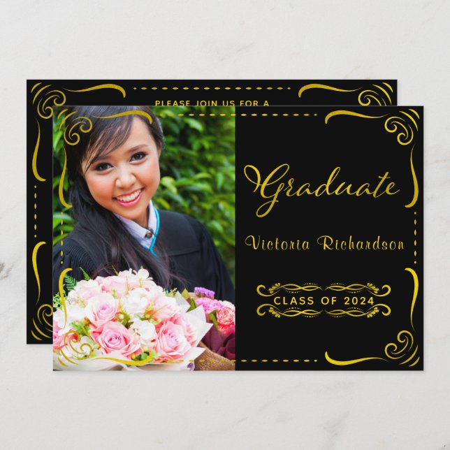 Black and Faux Gold Photo Class of 2024 Graduation Invitation (Front/Back)