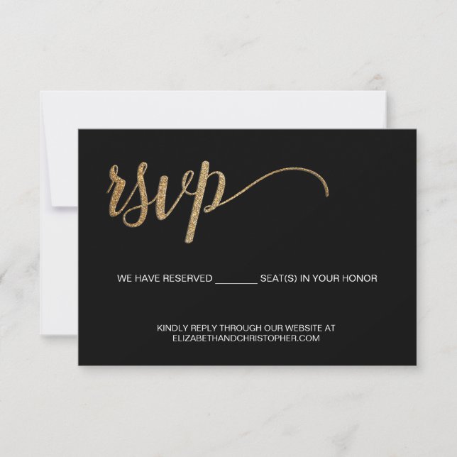 Black and Faux gold script QR code wedding website RSVP Card (Front)