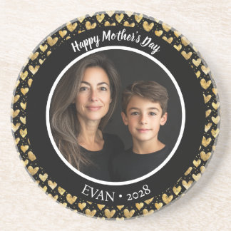 Black And Faux Golden Foil Hearts Mother's Day Coaster