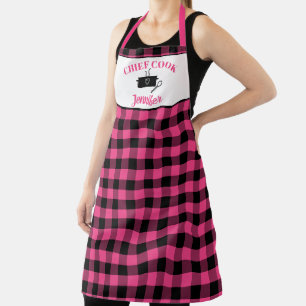 Black and Fuchsia Pink Cook Buffalo Plaid Pattern Apron