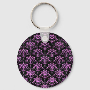 Black and Fushia Floral Damask Pattern Key Ring