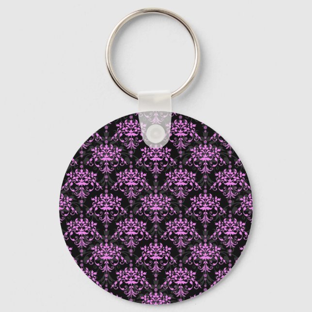 Black and Fushia Floral Damask Pattern Key Ring (Front)