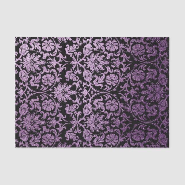 Black and Glitter Purple Floral Damask Tissue Paper (Front)