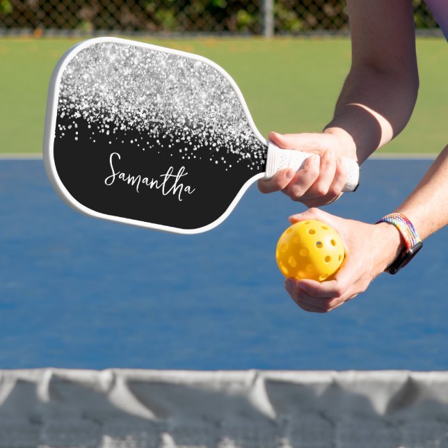 Black and Glittery Silver Glam Script Name Pickleball Paddle (Insitu)