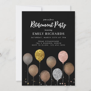 Black and Glod Glitter Balloon Retirement Party Invitation