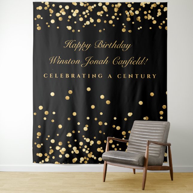 Black And Gold 100th Birthday Photobooth Backdrop Tapestry (In Situ)