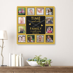 Black And Gold 12 Photo Collage Family Time Quote Square Wall Clock