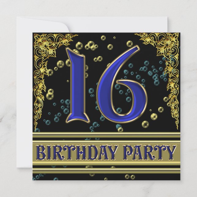Black and Gold 16th Birthday party Invitation (Front)