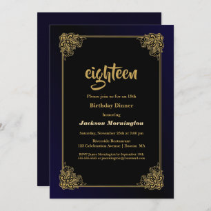 Black and Gold 18th Birthday Dinner Invitation