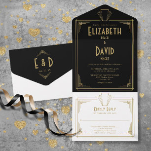 Black And Gold 1920s Art Deco Monogram Wedding All In One Invitation